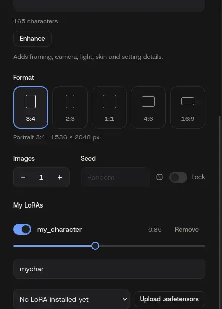 The My LoRAs section with a LoRA switch, strength slider and trigger word field